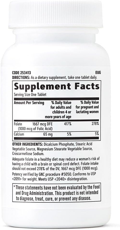 GNC Folic Acid 1000mcg, Supports Healthy Fetal Development, Required for Proper Red Blood Cell Formation, Vegetarian Formula, 100 Count