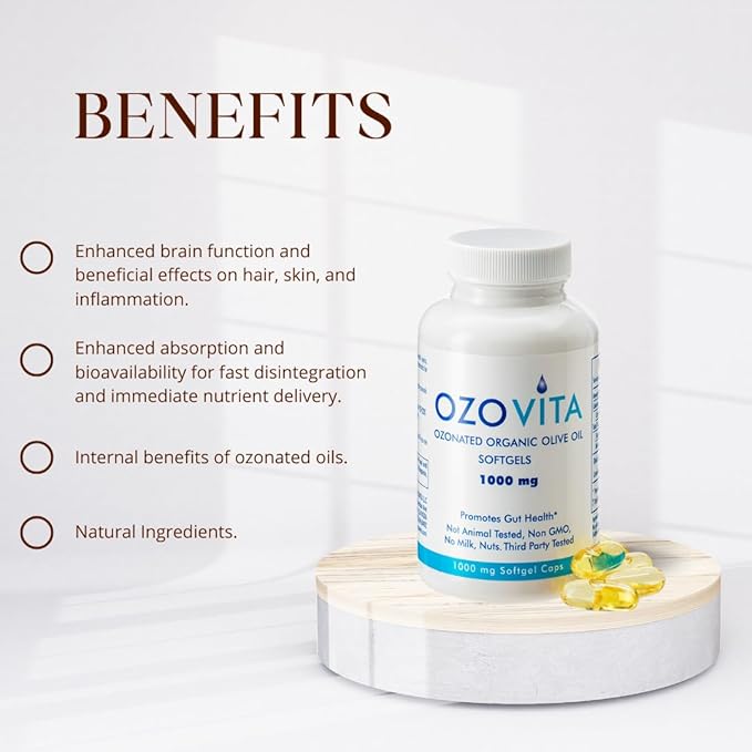 High Potency Ozonated Organic Extra Virgin Olive Oil Softgels 1000mg | Pure Oxygenated Capsules for Immune Support & Gut Health | Organic Oxygen Infused Supplement | 2 Month Supply