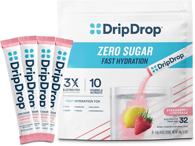 DripDrop Sugar Free Hydration Packets - Zero Strawberry Lemonade - Single Serve Electrolytes Powder Drink Mix - Non-GMO, Gluten Free, Vegan - 32 Sticks