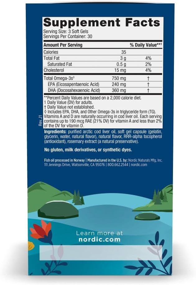 Nordic Naturals Arctic Cod Liver Oil, Lemon - 90 Soft Gels - 750 mg Total Omega-3s with EPA & DHA - Heart & Brain Health, Healthy Immunity, Overall Wellness - Non-GMO - 30 Servings