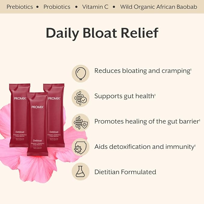 ProMix Nutrition Debloat Prebiotics and Probiotics Immune Support Supplement for Digestion, Cortisol Health, Gut Cleanse - Hibiscus - 30 Servings (Pack of 30)