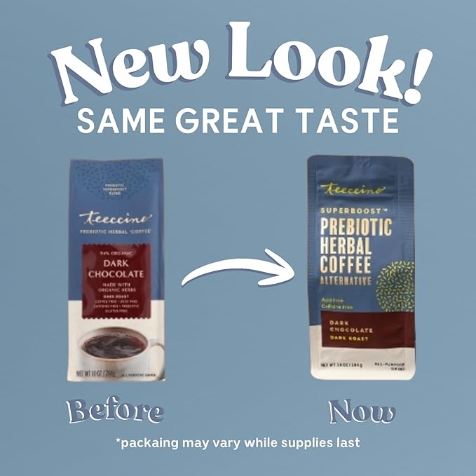 Teeccino Dark Chocolate Prebiotic SuperBoost™ Coffee Alternative - 10 Ounce - Support Probiotics with Caffeine-Free Herbal Coffee Featuring 3 Vegan Prebiotics for Gut Health