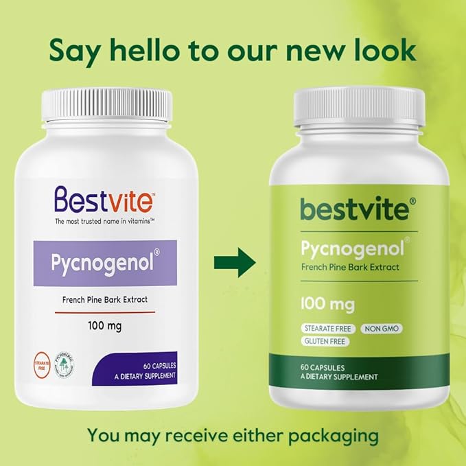 BESTVITE Pycnogenol 100mg (60 Capsules) - French Maritime Pine Bark Extract - No Stearates - Gluten Free - Non GMO