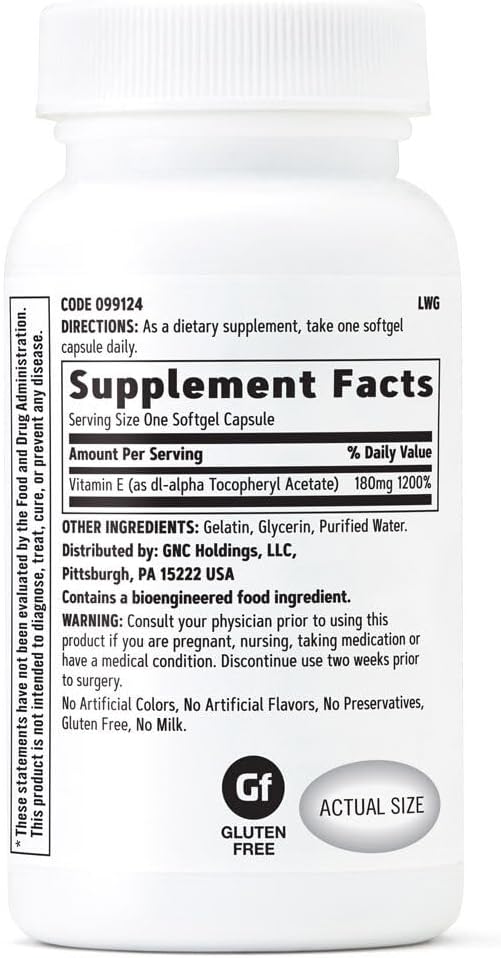 GNC Vitamin E 200mg Supplement, Supports a Healthy Cardiovascular System, 100 Servings