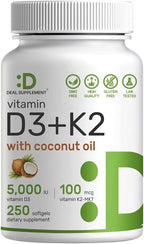 DEAL SUPPLEMENT Vitamin D3 5,000 IU + K2 MK7 100mcg Softgels | 2-in-1 Complex with Virgin Coconut Oil | Supports Heart, Bone, Teeth & Immune Health | Easy to Swallow