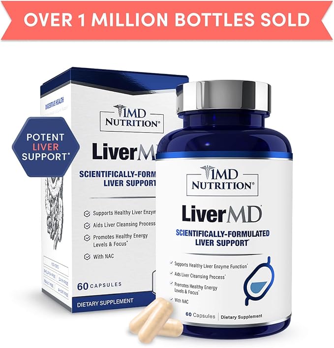 1MD Nutrition LiverMD - Liver Support Supplement | Siliphos Milk Thistle Extract & NAC - Supports Healthy Energy, Immunity & Overall Health - Liver Cleanse & Support | 60 Capsules