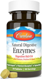 Carlson - Natural Digestive Enzymes, Digestive Aid #34 with Protease, Amylase & Lipase, Digestive Support, Nutrient Absorption & Optimal Wellness, 50 Tablets
