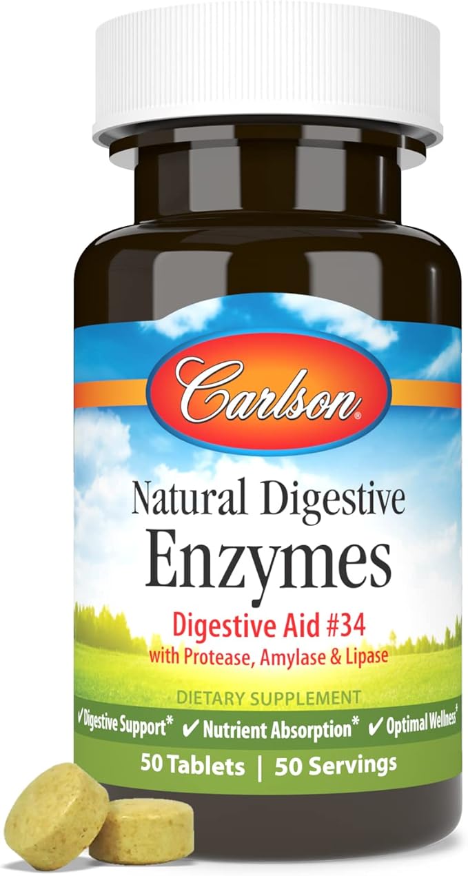 Carlson - Natural Digestive Enzymes, Digestive Aid #34 with Protease, Amylase & Lipase, Digestive Support, Nutrient Absorption & Optimal Wellness, 50 Tablets