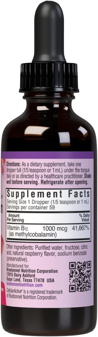 Bluebonnet Nutrition Liquid Cellular Active Methycobalamin Vitamin B12, 1000 mcg, For Cellular Energy Production and Nervous System Health, Soy-Free, Gluten-Free, Dairy-Free, Vegan, 2OZ, 59 Serving