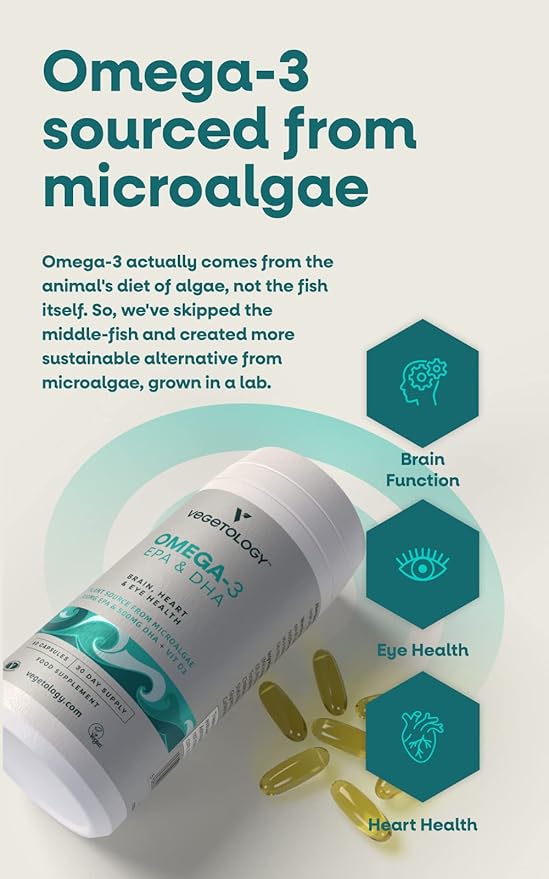 VEGETOLOGY Vegan Omega 3 Supplement – EPA, DHA Supplements & Vitamin D3 – Algae Omega 3 Vegan Supplements for Brain, Eye & Heart Health – for Kids & Adults (180 Capsules)
