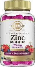 Solgar Zinc Gummies Adult Vitamin with 25mg Ultra Potency Zinc Citrate for Immune Support - Mixed Fruit Flavor, Vegan, Kosher & Gluten Free Gummy Supplements for Women & Men, 2g Sugar, 60 Servings