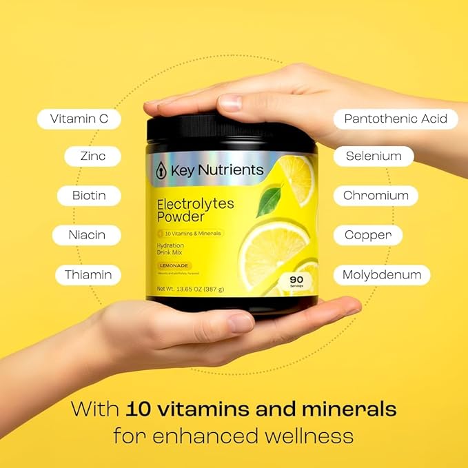 KEY NUTRIENTS Multivitamin Electrolytes Powder No Sugar - Refreshing Lemonade Electrolyte Powder - Sodium & Energy Supplement - Hydration Powder - No Calories - 90 Servings - Made in USA