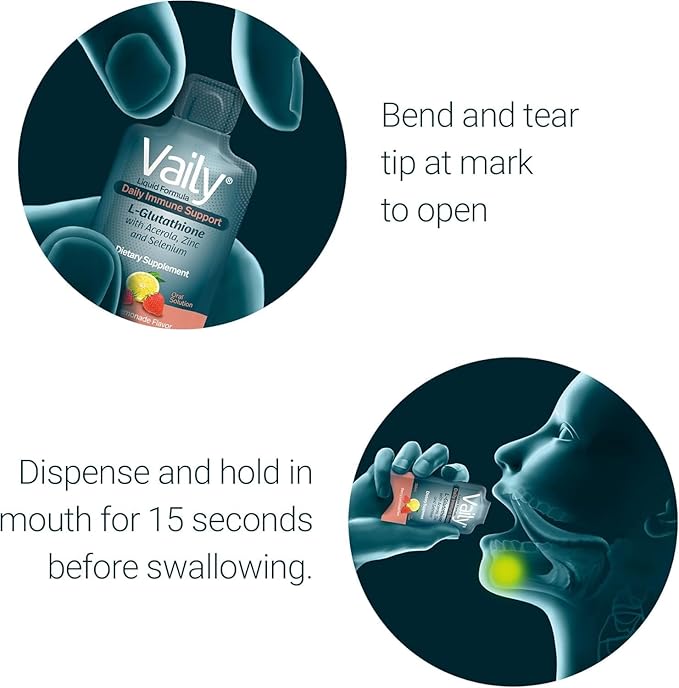 Vaily Immune Support Supplement for Adults - Liquid Glutathione Supplement 500 mg w/Acerola Vitamin C Zinc & Selenium - High Potency Antioxidant, Skin Health, Detox Every Day - 30 Single-dose Vials