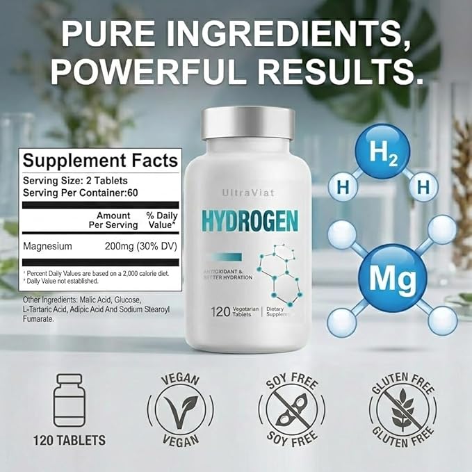 Hydrogen Water Tablets with Magnesium, H2 Molecular Hydrogen Tablets for Drinking Water, Supports Energy Metabolism, Cognitive & Antioxidant, 120 Count