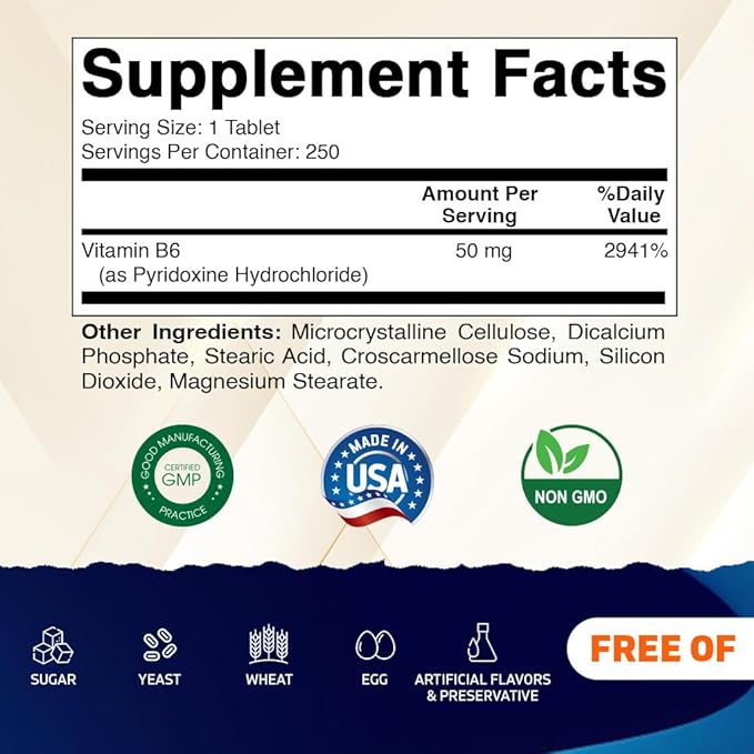 Vitamatic Vitamin B6 (Pyridoxine HCI), 50 mg 250 Vegetarian Tablets - Promotes Energy Production, boosts Metabolism and Immune Health Support