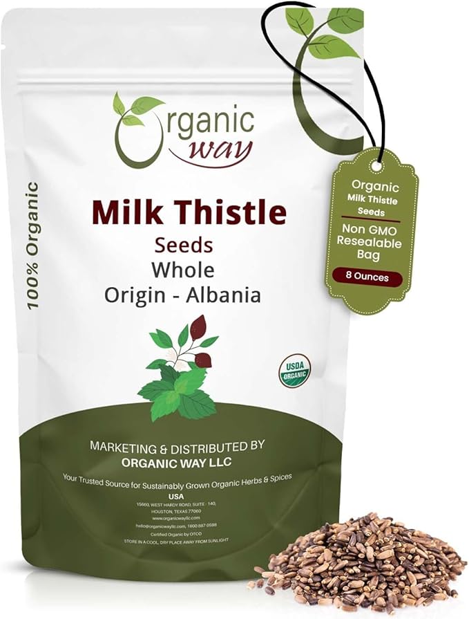 Organic Way Whole Milk Thistle Seeds (Silybum marianum) - Herbal Tea | European Wild-Harvest, Organic & Kosher Certified, Vegan, Non GMO & Gluten Free, USDA Certified, Origin - Albania (8 Oz)