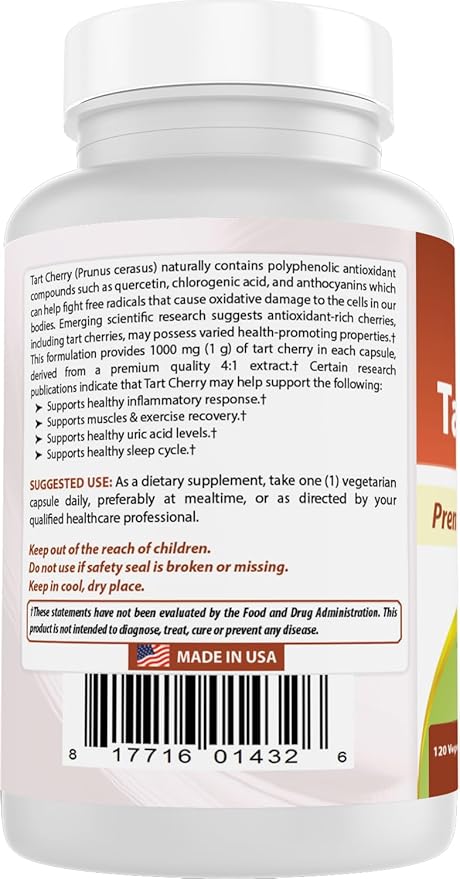 Best Naturals Tart Cherry Extract 1000 mg (Non-GMO) Veggie Capsules - Promotes Healthy Uric Acid Levels Within Normal Range, Healthy Joint Function & Promotes Healthy Sleep Cycle, 120 Count
