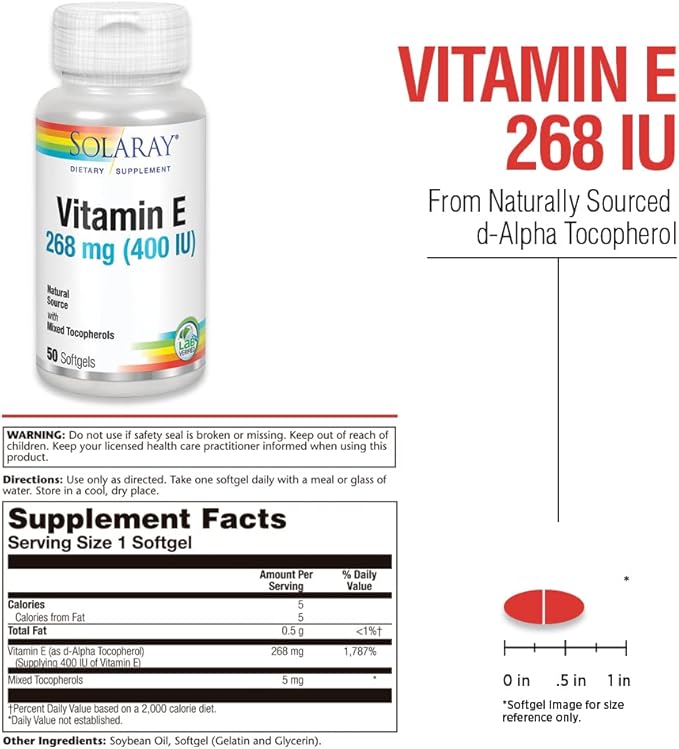 SOLARAY Vitamin E d-Alpha Tocopherol 268mg (400 IU) | Heart & Skin Health, Antioxidant Activity Support (50 CT)