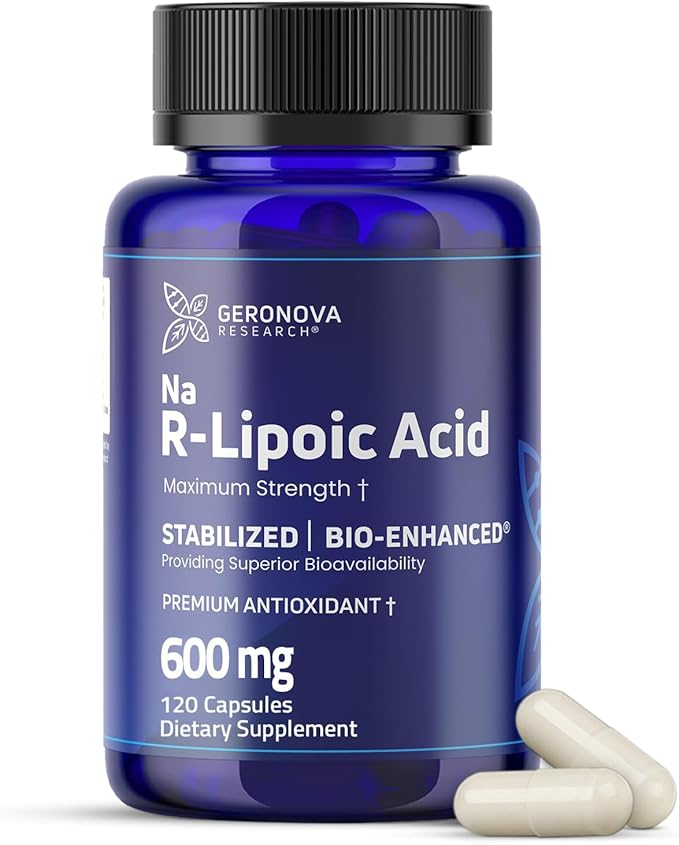 Geronova Research Bio-Enhanced R-Lipoic Acid, 600 mg Dose - 2 Month Supply - Stabilized R Alpha Lipoic Acid with Enhanced Absorption - R Lipoic Acid Supplement - 120 Capsules