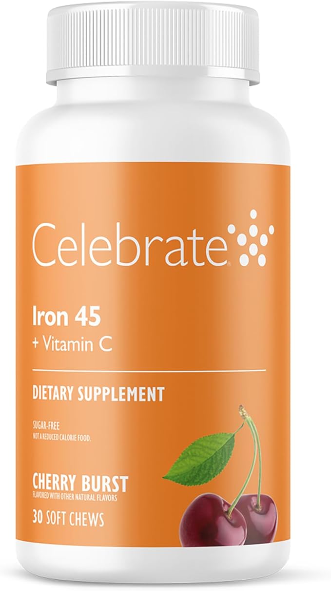 Celebrate Vitamins Iron Supplement with Vitamin C - 45mg Iron, 60mg Vitamin C, Bariatric Vitamins for WLS Patients, Vertical Sleeve & Gastric Bypass Surgery - Cherry, 30 Soft Chews