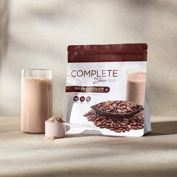 Complete by JuicePlus+ Dutch Chocolate Shakes - Plant-Based Nutrition - Whole Food Based Shake Powder with Protein, Fiber & Prebiotics - 30 Servings (2 Pouches, 15 Servings Each)