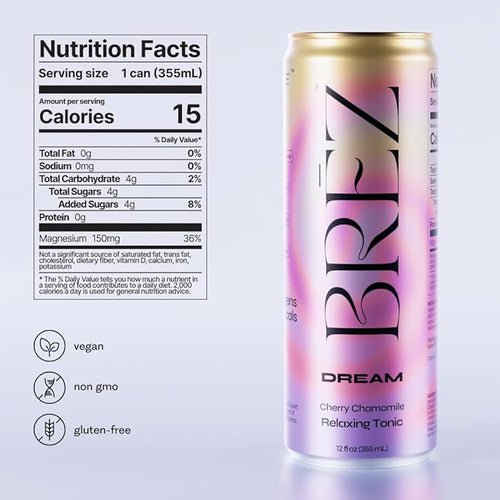 BRĒZ Dream Reishi Mushroom Drink, Non-Infused Relaxing Tonic with Reishi, Chamomile, Tart Cherry, Magnesium & L-Theanine, Vegan Adaptogen Drink for Sleep, Calm & Mood, 12 fl oz - 8 Pack