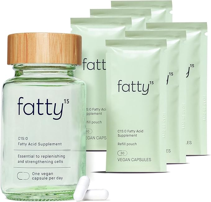 Fatty15 C15:0 Pentadecanoic Acid Supplement The Longevity Nutrient - 180 Vegan Capsules - 3X Cellular Benefits of Fish Oil EPA Omega 3 Supplements - Liver Support & Mitochondrial Health