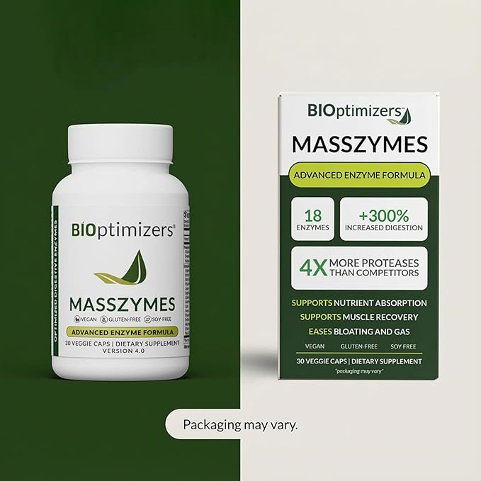 BIOptimizers MassZymes - Complete Digestive Enzymes Supplement for Gut Health - Bloating Relief for Men and Women - Lipase Amylase Bromelain Digestive Enzymes (30 Capsules)