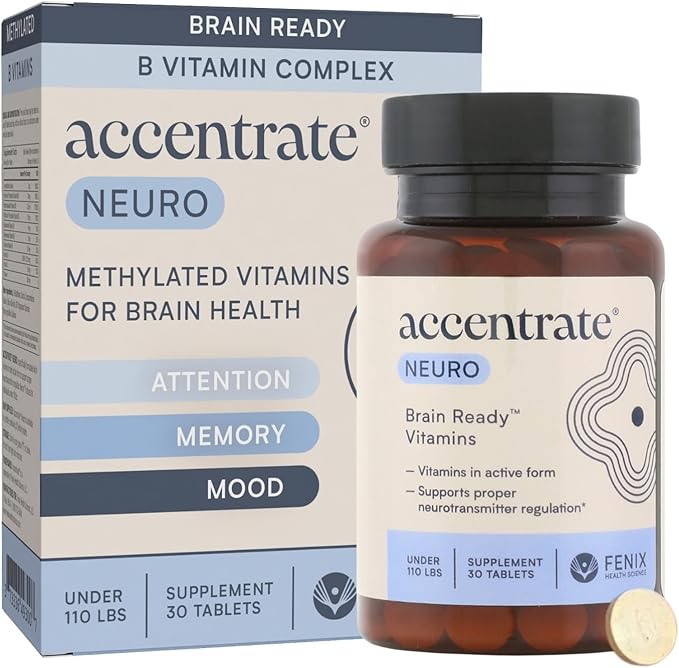 Accentrate Brain Supplement for Focus, Attention, Mood | Complete Vitamin B Complex | Brain Health | Methylated Multivitamin w/L-Methylfolate (5-MTHF), Cofactors Methyl-B12 & P5P | MTHFR Supplement