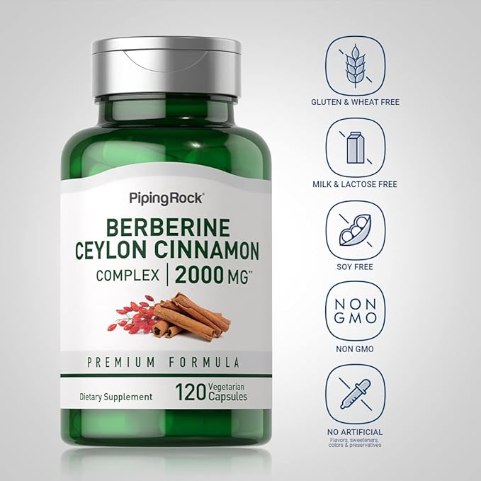 Piping Rock Berberine HCI Ceylon Cinnamon Complex | 120 Capsules | Herbal Extract Supplement | Vegetarian, Non-GMO & Gluten Free Formula
