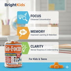 BrightKids Brain Supplements for Memory and Focus, Omega 3 & DHA Focus Gummies for Kids, Memory Booster Focus Supplement for Kids & Teens- Low-Sugar, Natural Fruit Flavor 60 Gummies