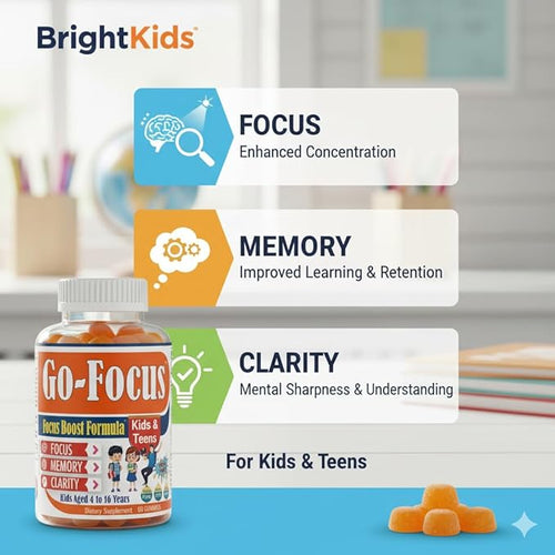 BrightKids Brain Supplements for Memory and Focus, Omega 3 & DHA Focus Gummies for Kids, Memory Booster Focus Supplement for Kids & Teens- Low-Sugar, Natural Fruit Flavor 60 Gummies