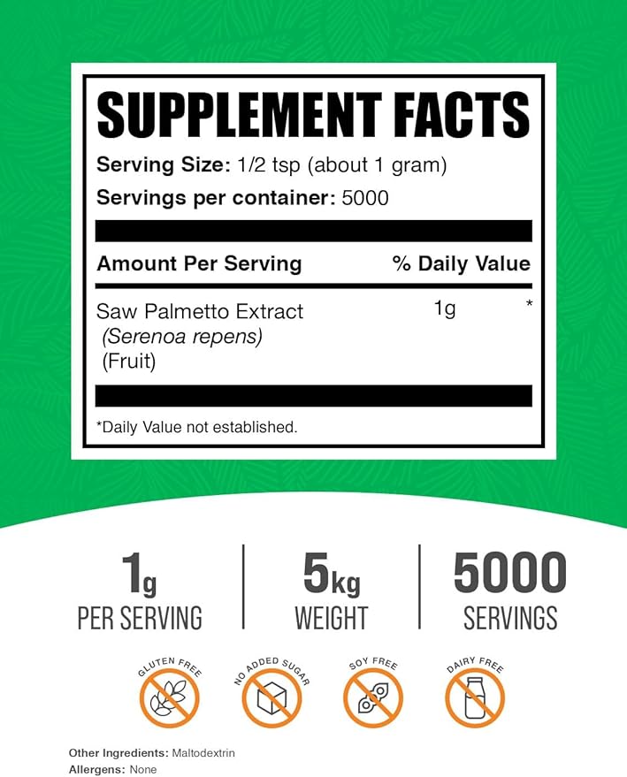 BulkSupplements.com Saw Palmetto Extract Powder - Serenoa Repens, Saw Palmetto Supplement, Herbal Supplement - Vegan & Gluten Free, 1g per Serving, 5kg (11 lbs) (Pack of 5)