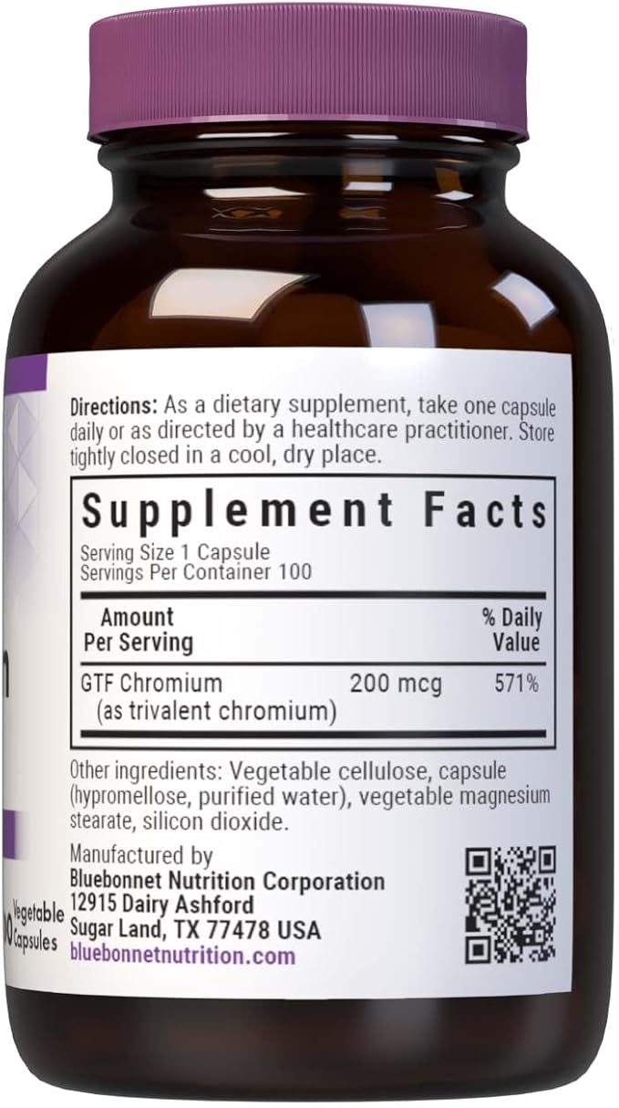 Bluebonnet Nutrition GTF Chromium 200mcg, Essential Minerals Supplement for Women & Men - Soy-Free, Gluten-Free, Non-GMO, Kosher Certified, Dairy-Free, Vegan, 100 Vegetable Capsules