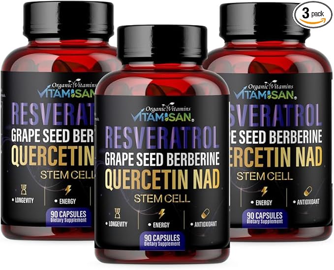 VITAMISAN Resveratrol NAD+ Quercetin Berberine & CoQ10 – Longevity & Antioxidant Support – 3 Bottles (270 Capsules) – Made in USA