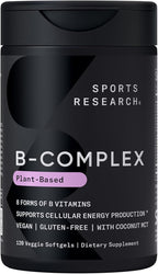 Sports Research® Vitamin B-Complex - Full Spectrum of B Vitamins with Methylated B12 & Folate - Gluten Free · Plant-Based · Non-GMO · Vegan-Friendly Formula - 120 Veggie Softgels