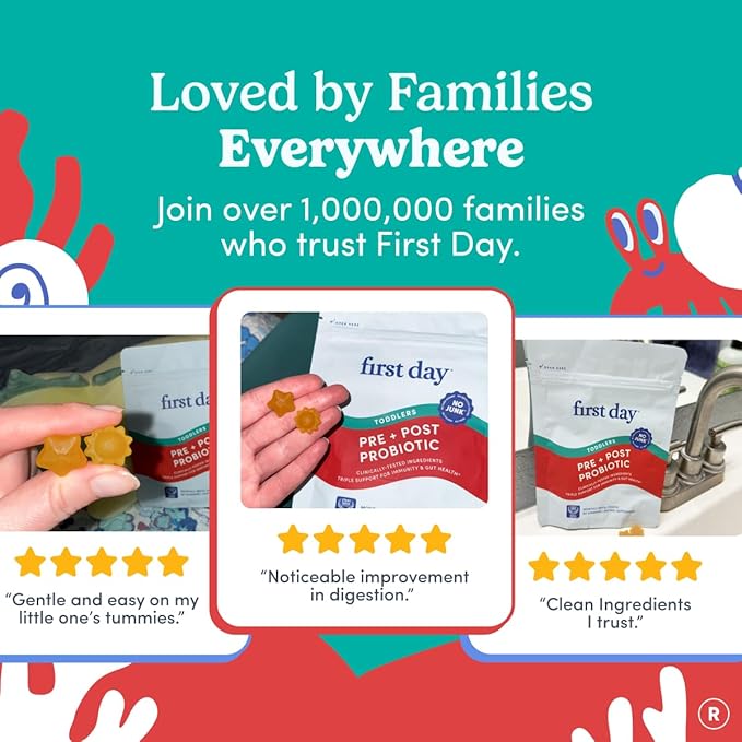 FIRST DAY Toddler Tribiotic Gummies (Ages 2-3) | Kids Probiotic Gummies | 3 in 1 Pre + Pro + Postbiotics for Kids Digestive & Immune Health - Kiwi, 60 Counts (30 Days Supply)