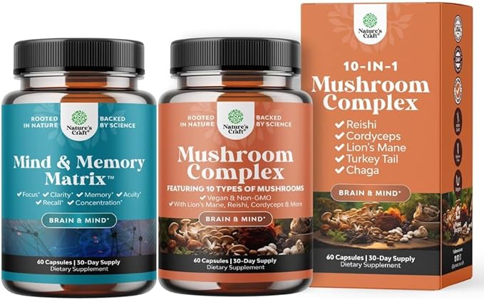 Bundle of Nootropic Brain Supplement - Mental Health & Clarity with VIT A B6 Riboflavin Niacin Thiamin Folate and Advanced Mushroom Complex Capsules - 10X Lions Mane with Reishi Chaga Maitake Shiitake