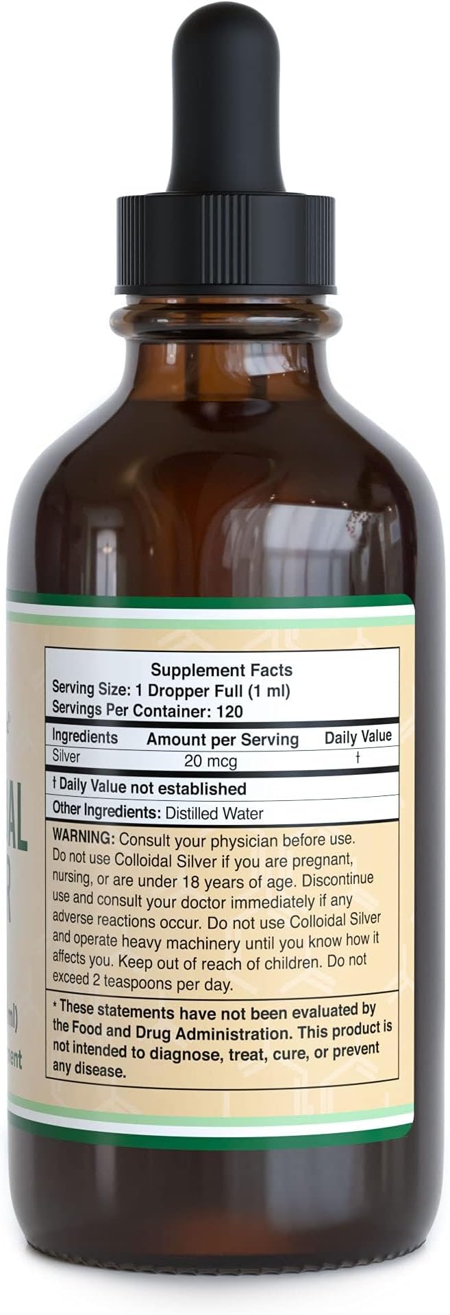 Colloidal Silver Liquid 20 PPM - 4 Fl OZ (Plata Coloidal with Dropper) 99.9% Pure, Gluten Free, Non-GMO by Double Wood Supplements