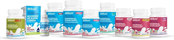 Milkaid Junior Lactase Enzyme Chewable Tablets for Lactose Intolerance | Prevents Gas, Bloating, Diarrhea in Children| Fast Acting Dairy Digestive Supplement for Kids| Strawberry Flavor | 60 ct (1)
