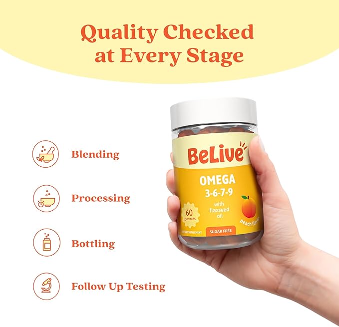 BeLive Organic Omega 3 Gummies - 120 Ct I Vegan Omegas 3 6 7 & 9 from Flaxseed Oil & Sea Buckthorn Fruit Oil, for Kids & Adults, Full Body, Brain & Eye Support, Sugar Free – Peach Flavor
