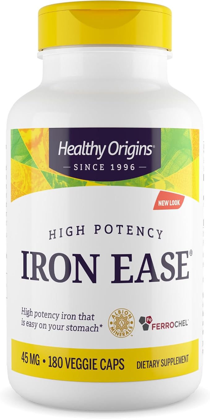 Healthy Origins Iron Ease 45 mg, 180 Veggie Capsules - Albion Ferrochel Ferrous Bisglycinate Chelate - Gentle, Non-Binding & Bioavailable, Supports Blood Cell Health & Energy Levels - 6 Month Supply