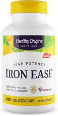 Healthy Origins Iron Ease 45 mg, 180 Veggie Capsules - Albion Ferrochel Ferrous Bisglycinate Chelate - Gentle, Non-Binding & Bioavailable, Supports Blood Cell Health & Energy Levels - 6 Month Supply