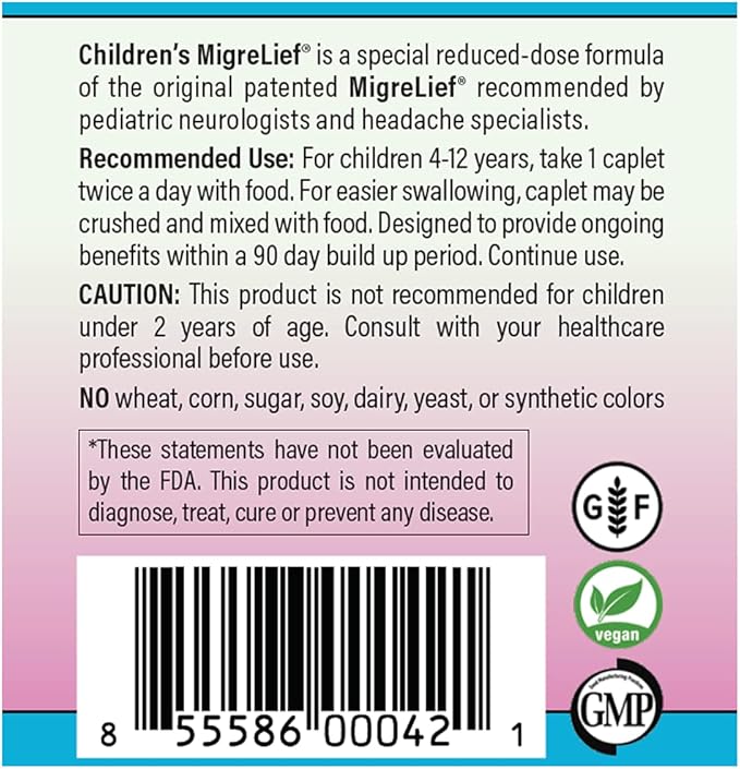 Children's MigreLief® - Triple Therapy with Puracol™ - Nutritional Support for Pediatric Migraine Sufferers - 60 Caplets/1 Month Supply