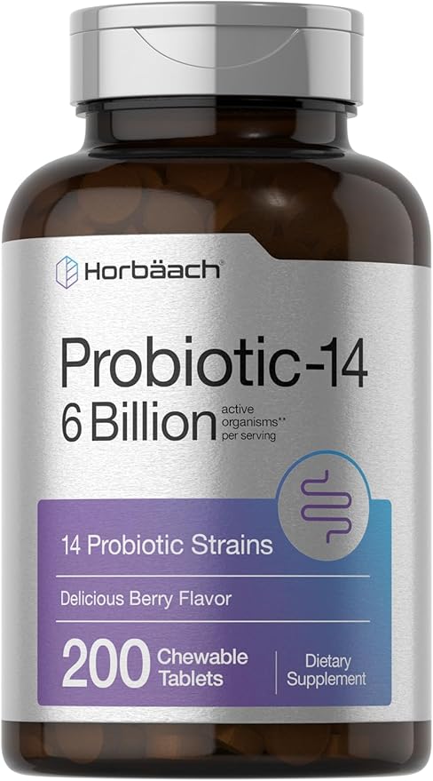 Horbäach Probiotics 6 Billion CFUs | 200 Chewable Tablets | Berry Flavor | 14 Probiotic Strains | Vegetarian, Non-GMO & Gluten Free Supplement for Men & Women