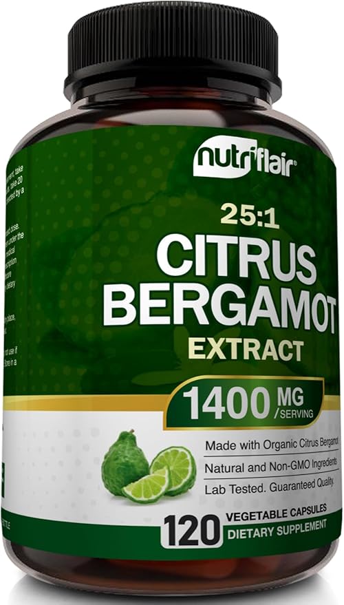 NutriFlair Organic Citrus Bergamot 1400mg, 120 Capsules - 25:1 Bergamia - Essential Oil and Citrus Bioflavonoids - Natural Heart Health Supplements for Women and Men - Non-GMO Pills