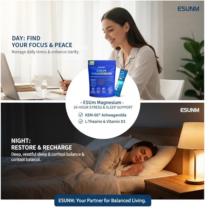 ESUNM Calm Magnesium Drink Mix Packets, Magnesium Glycinate with KSM-66 Ashwagandha, L-Theanine, GABA, Saffron & Vitamin D3, Relaxation, Mood & Sleep Support, Raspberry Lemonade, 20 Stick Packs