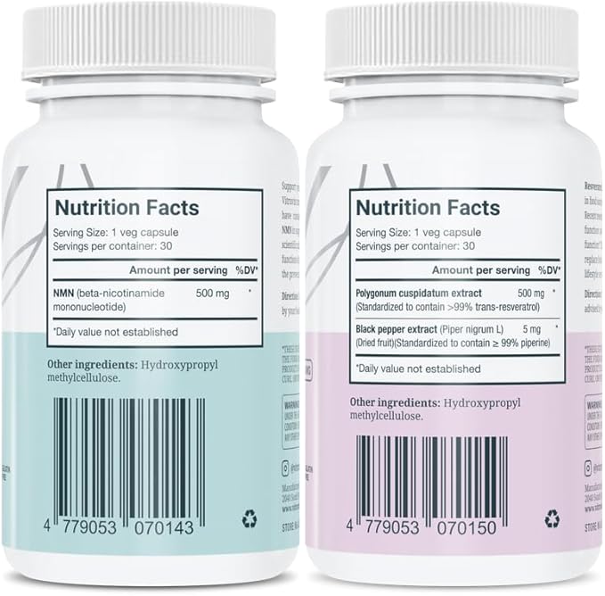 VITRUVIN Longevity Supplement - NMN 500MG + Trans-Resveratrol 500MG with Piperine - Vegan, Non-GMO, Gluten-Free, Gelatin-Free