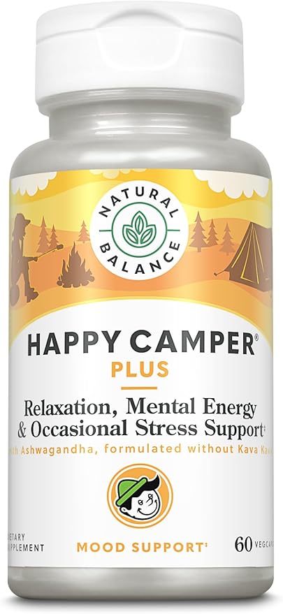 Natural Balance Happy Camper Plus - Supports Relaxation, Mental Energy, Occasional Stress w/KSM-66 Ashwagandha, L Theanine 200mg, Passion Flower, Lemon Balm, Holy Basil, 60-Day Guarantee, 30 Servings