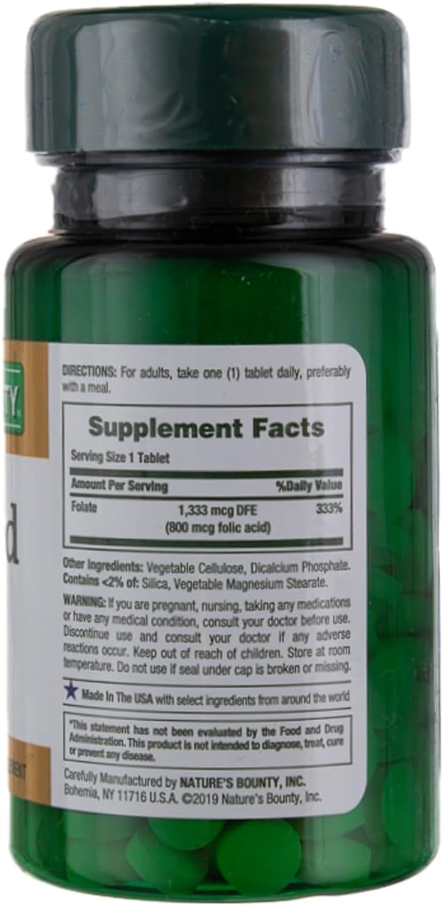 Nature's Bounty Folic Acid Supplement, Supports Cardiovascular Health, 800mcg, Multi, No Flavour,750 Count, Pack of 3